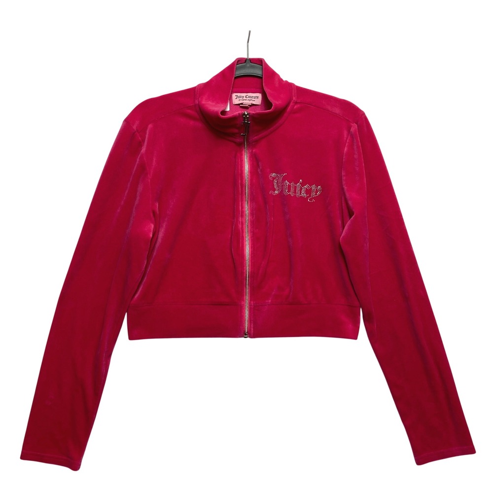 Juicy Couture Track Jacket Womens L Pink Velour Rhinestone Logo Cropped Zip Up
